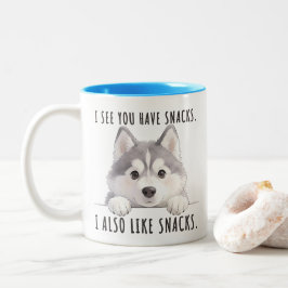 Cute Husky Dog Snacks Quote Funny Minimalist ツートーンマグカップ
