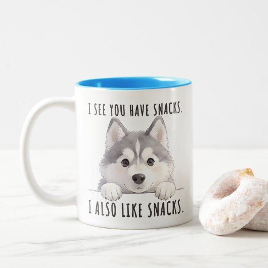Cute Husky Dog Snacks Quote Funny Minimalist ツートーンマグカップ (ドーナツ)