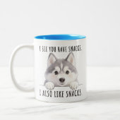 Cute Husky Dog Snacks Quote Funny Minimalist ツートーンマグカップ (左)