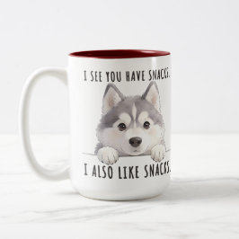 Cute Husky Dog Snacks Quote Funny Minimalist ツートーンマグカップ