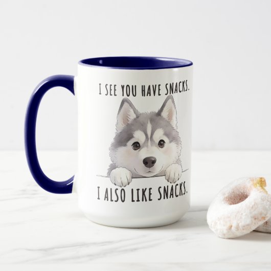 Cute Husky Dog Snacks Quote Funny Minimalist マグカップ (ドーナツ付き)