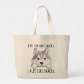 Cute Husky Dog Snacks Quote Funny Minimalist ラージトートバッグ (裏面)