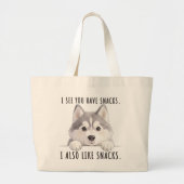 Cute Husky Dog Snacks Quote Funny Minimalist ラージトートバッグ (正面)