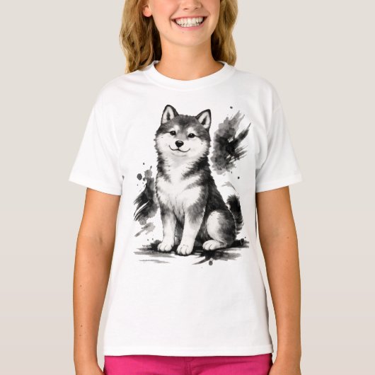 【Cute Husky Japanese Ink Art Girls T-Shirt】 Tシャツ (正面)