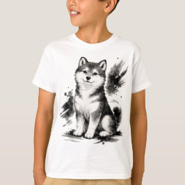 【Cute Husky Japanese Ink Art Kids T-Shirt】 Tシャツ