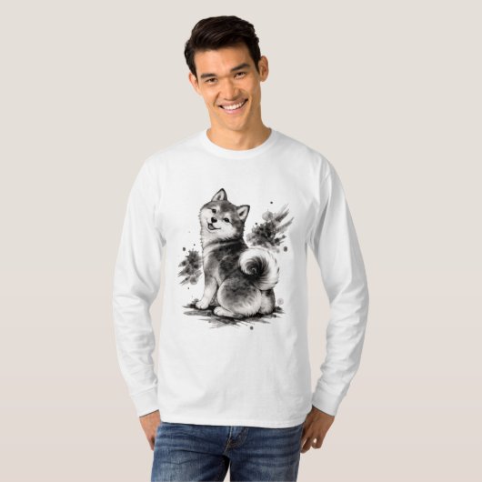 【Cute Husky Japanese Ink Long Sleeve Tee】 Tシャツ (正面フル)