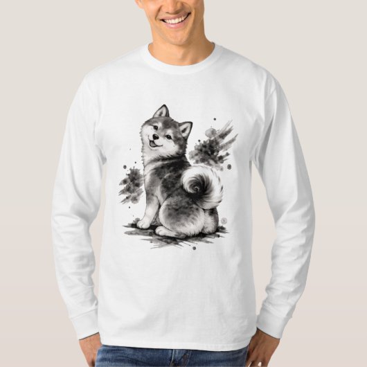 【Cute Husky Japanese Ink Long Sleeve Tee】 Tシャツ (正面)