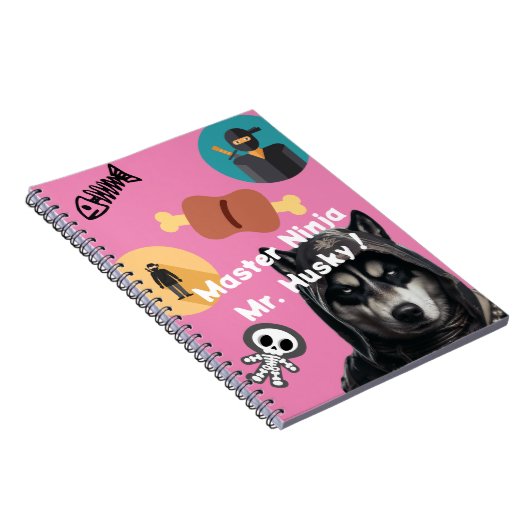 Cute Husky Ninja Notebook Personalized Pink Cover ノートブック (右側)