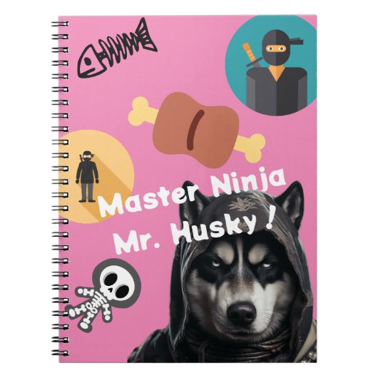 Cute Husky Ninja Notebook Personalized Pink Cover ノートブック (正面)