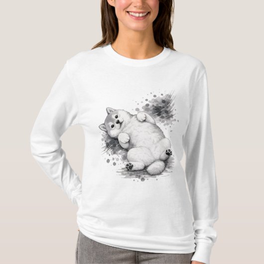 【Cute Husky Puppy Ink Art Long Sleeve T-Shirt】 Tシャツ (正面)