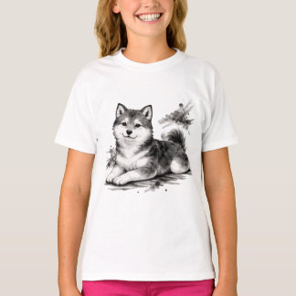 【Cute Husky Puppy Japanese Ink Art Girls T-Shirt】 Tシャツ
