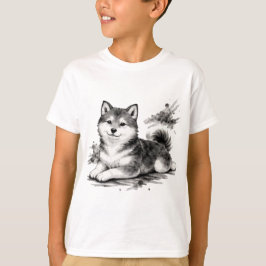 【Cute Husky Puppy Japanese Ink Art Kids T-Shirt】 Tシャツ