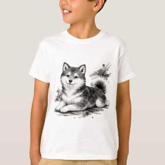【Cute Husky Puppy Japanese Ink Art Kids T-Shirt】 Tシャツ