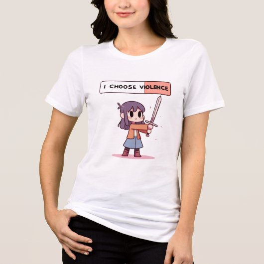 Cute "I Choose Violence" Pixel Art Girl with Sword トライブレンドＴシャツ (正面)