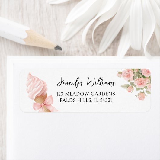 Cute Ice Cream Bow Floral Baby Girl Shower Address ラベル (インサイチュ)