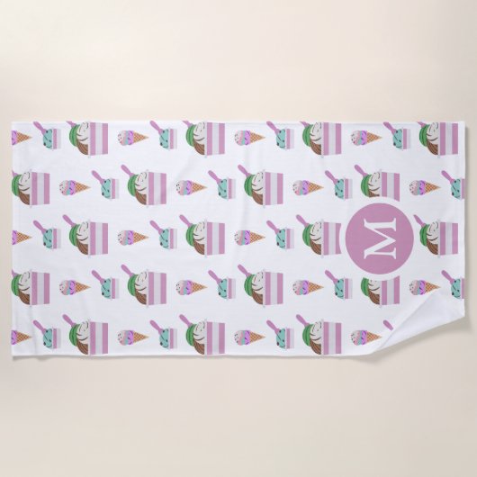 Cute Ice Cream Summer Pattern Monogram ビーチタオル (正面)