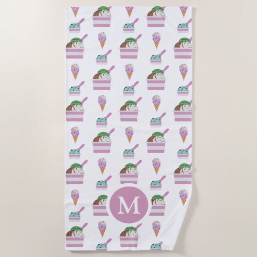 Cute Ice Cream Summer Pattern Monogram ビーチタオル (正面)