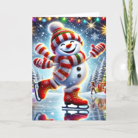Cute Ice Skating Snowman Christmas シーズンカード (正面)
