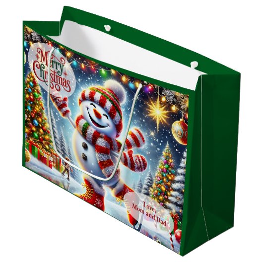 Cute Ice Skating Snowman Christmas ラージペーパーバッグ (正面アングル)