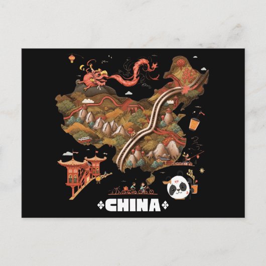 Cute Illustrated China Map with Dragon and Panda ポストカード (正面)