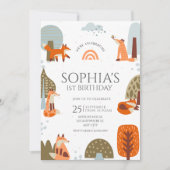 Cute illustrated Fox Forest animal first birthday 招待状 (正面)