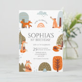 Cute illustrated Fox Forest animal first birthday 招待状 (スタンド正面)
