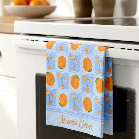 Cute Illustrated Peach & Flower Pot Kitchen Cloth キッチンタオル