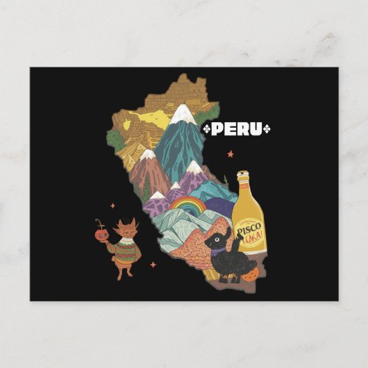 Cute Illustrated Per Map Machu Picchu and Alpaca ポストカード (正面)