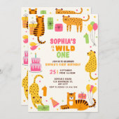 Cute illustrated wild animals first birthday 招待状 (正面/裏面)