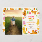 Cute illustrated wild animals first birthday 招待状 (正面/裏面)