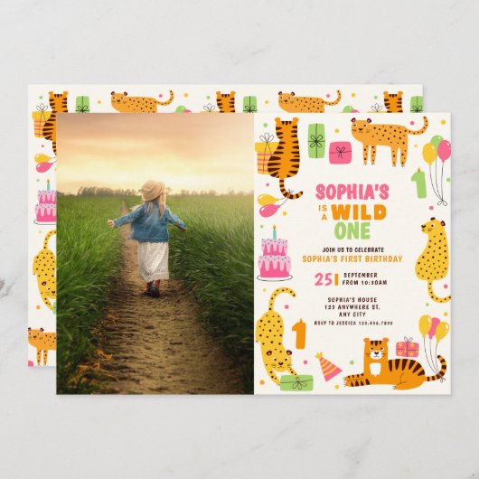 Cute illustrated wild animals first birthday 招待状 (正面/裏面)