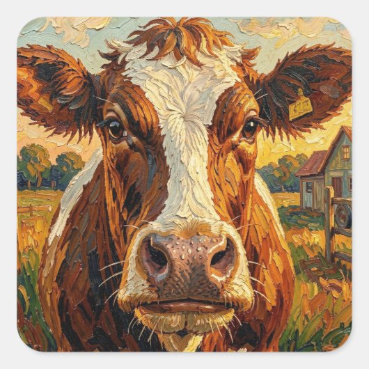 Cute Impasto Cow on Farm Blank スクエアシール (正面)