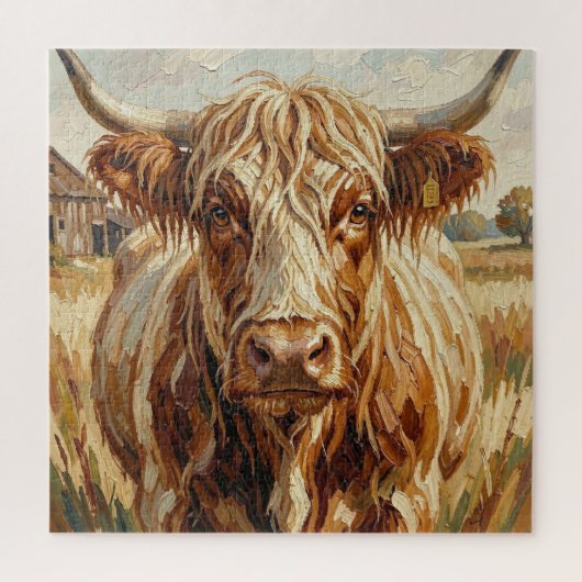 Cute Impasto Cow on Rustic Ranch ジグソーパズル (縦)