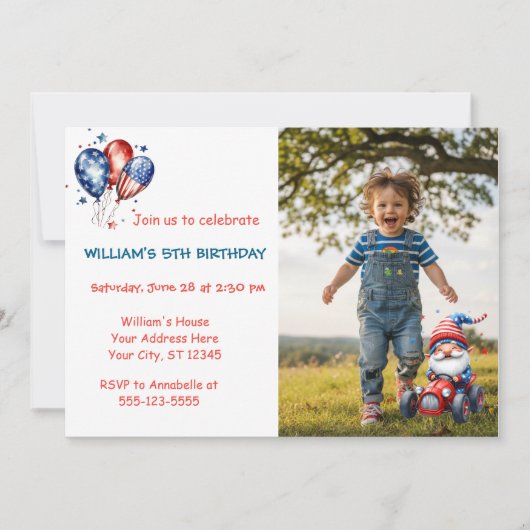 Cute Independence Gnome Birthday Photo 招待状 (正面)