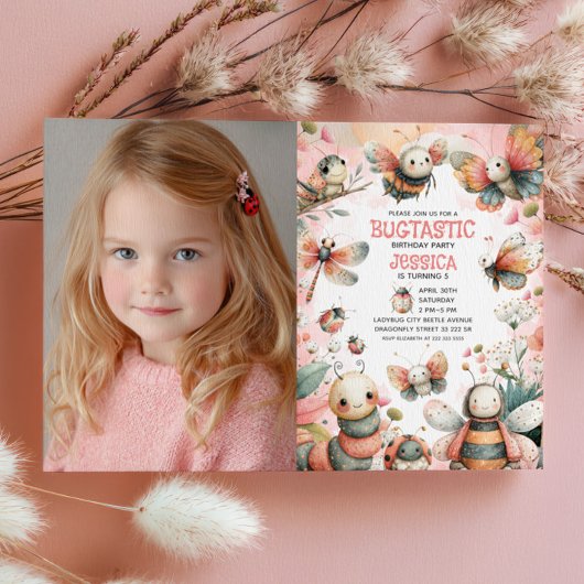 Cute Insects Bugtastic Girl Kids Photo Birthday 招待状