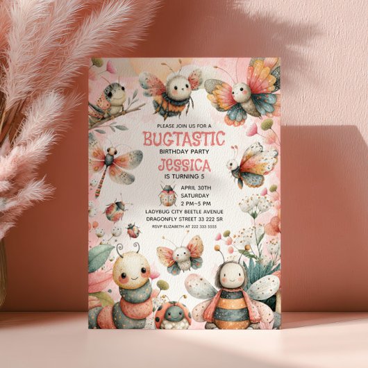 Cute Insects Bugtastic Pink Girl Kids Birthday 招待状