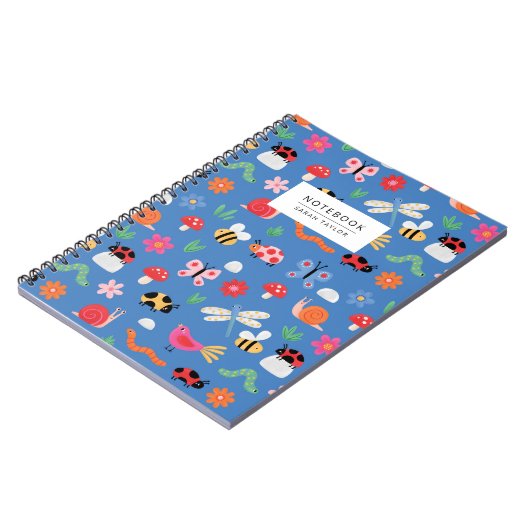 Cute Insects & Nature Pattern in Blue ノートブック (左側)
