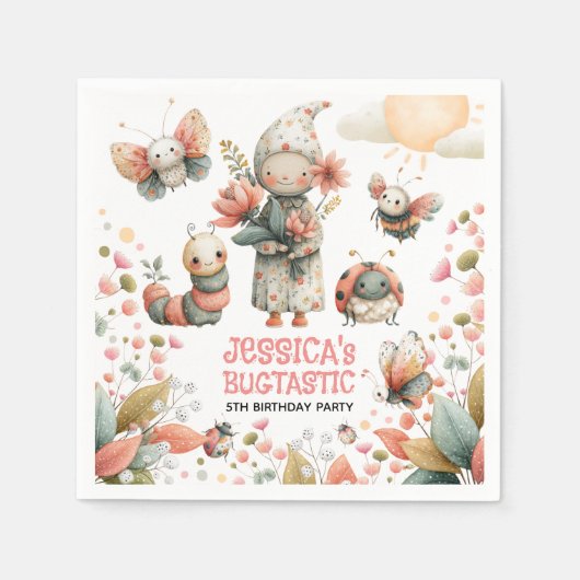 Cute Insects Pastel BUGTASTIC Kids Birthday Party  スタンダードカクテルナプキン (正面)