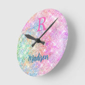 Cute iridescent unicorn pink faux glitter monogram ラウンド壁時計 (傾斜)