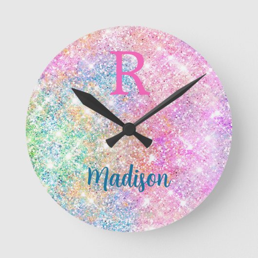 Cute iridescent unicorn pink faux glitter monogram ラウンド壁時計 (正面)