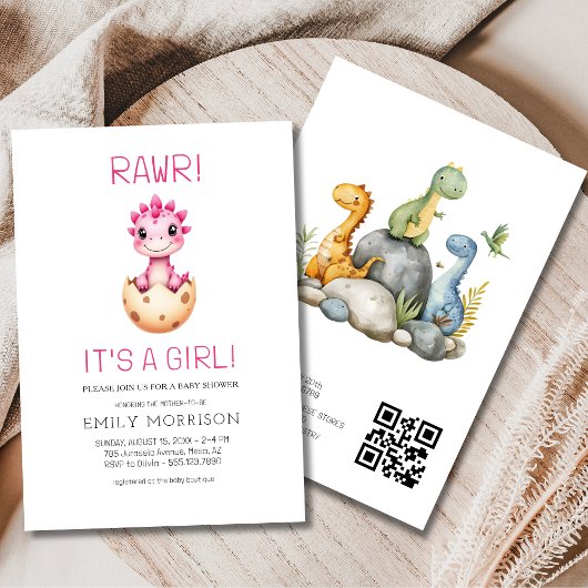 Cute It's a Girl Cute Dinosaur Baby Shower 招待状
