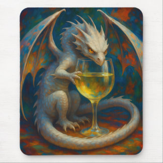 Cute Ivory Dragon & White Wine Fantasy Art マウスパッド
