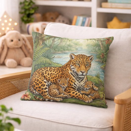 Cute Jaguar Mama And Cubs Jungle Animals  クッション