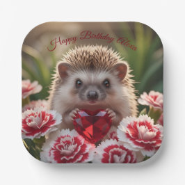 Cute January Hedgehog with Garnet Heart ペーパープレート