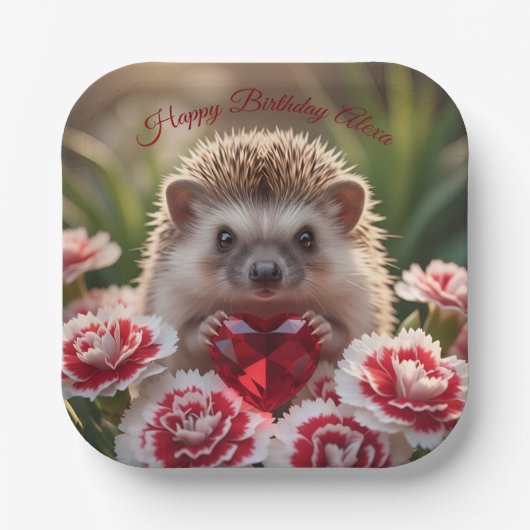 Cute January Hedgehog with Garnet Heart ペーパープレート (正面)