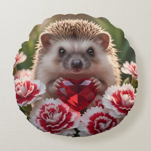 Cute January Hedgehog with Garnet Heart ラウンドクッション (正面)
