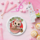 Cute Japanese Cat Eating Noodles with Chopsticks ペーパープレート (パーティー)