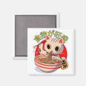 Cute Japanese Cat Eating Noodles with Chopsticks マグネット (正面/裏面)