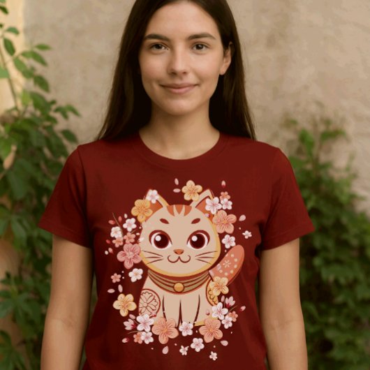 Cute Japanese Neko Cat with Cherry Blossoms Tシャツ