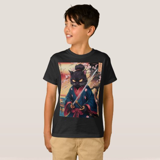 Cute Japanese Samurai Cat  Tシャツ (正面フル)